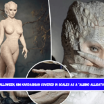 For Halloween, Kim Kardashian covered in scales as a albino alligator