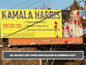 Red and white paint covers Harris billboard in Rockingham County