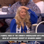 Here is the painful video of the Cowboys cheerleader gets drilled in the head by an errant kickoff by Brandon Aubrey