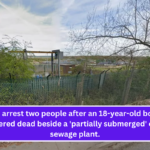 Police arrest two people after an 18-year-old boy was discovered dead beside a 'partially submerged' car at a sewage plant.