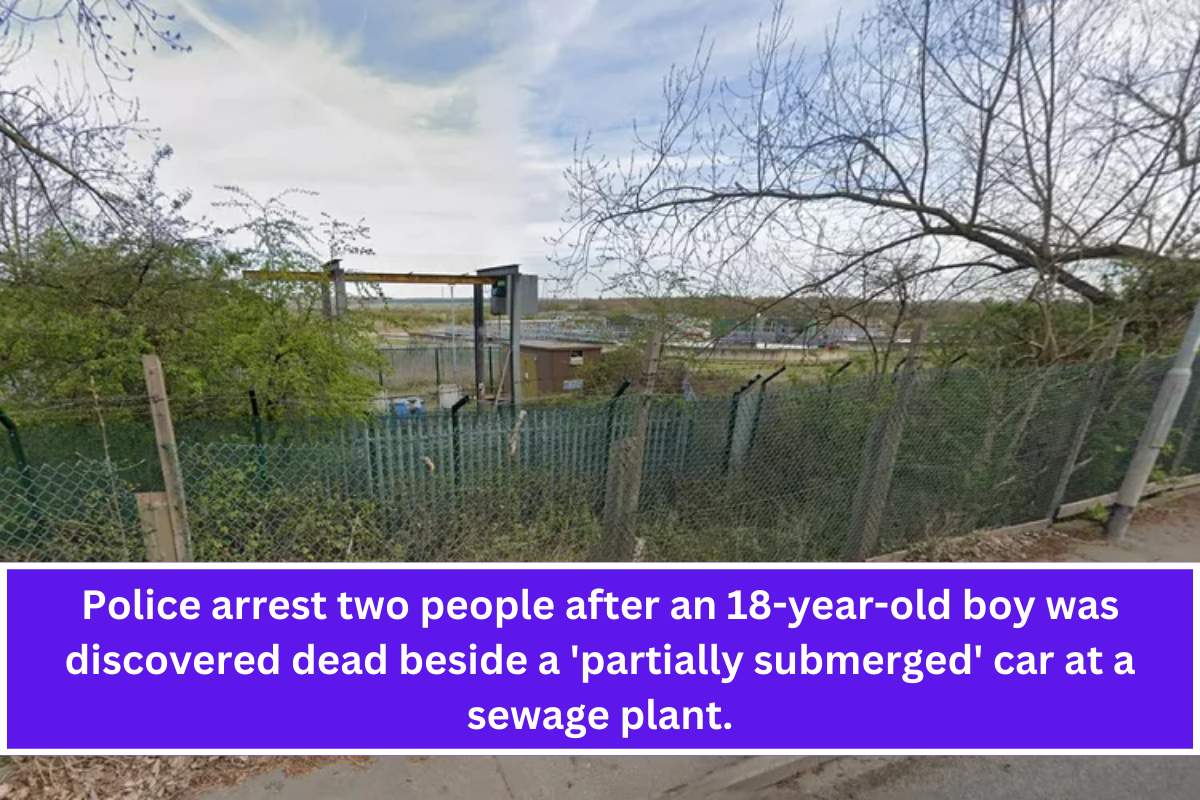 Police arrest two people after an 18-year-old boy was discovered dead beside a 'partially submerged' car at a sewage plant.